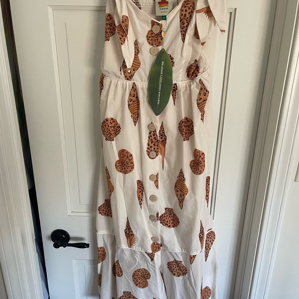 Farm Rio White and Brown Leaf Print Dress